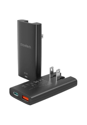 Зарядний пристрій 2xUSB 65W GaN (USB-C+USB-A) Ultra thin чорний Choetech
