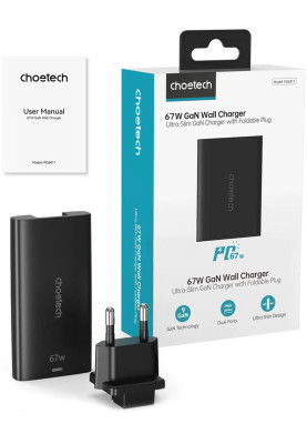 Зарядний пристрій 2xUSB 65W GaN (USB-C+USB-A) Ultra thin чорний Choetech