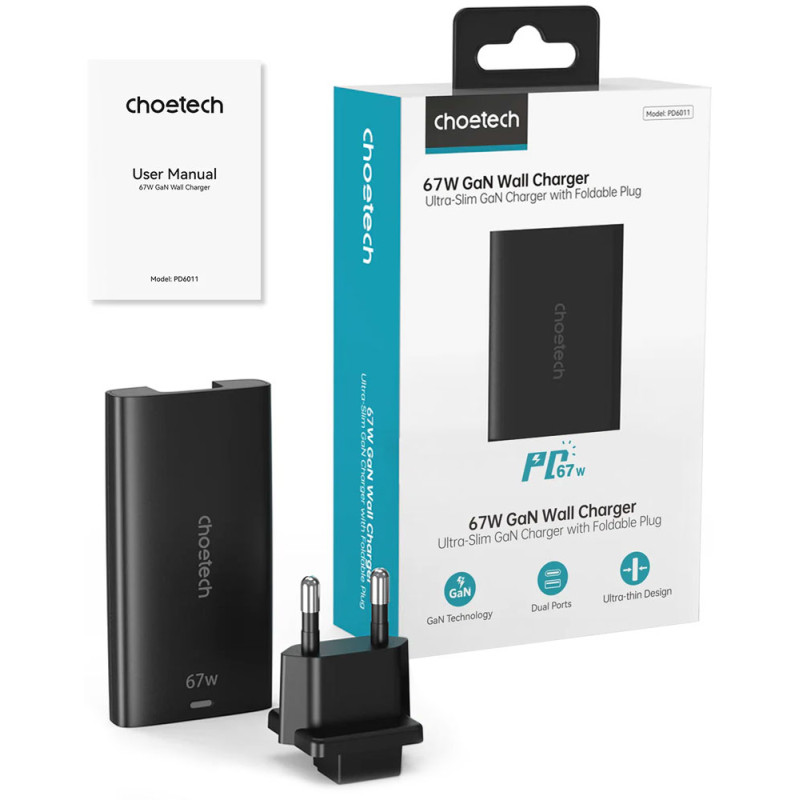 Зарядний пристрій 2xUSB 65W GaN (USB-C+USB-A) Ultra thin чорний Choetech