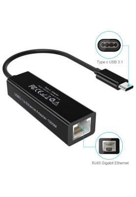 Перехідник USB 3.1 Type-C --> Ethernet RJ45 1000Mb 0,15 м, Choetech чорний