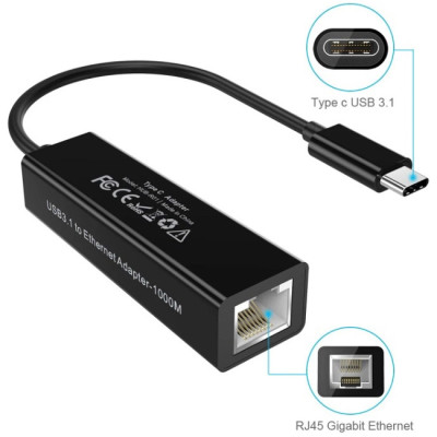 Перехідник USB 3.1 Type-C --> Ethernet RJ45 1000Mb 0,15 м, Choetech чорний