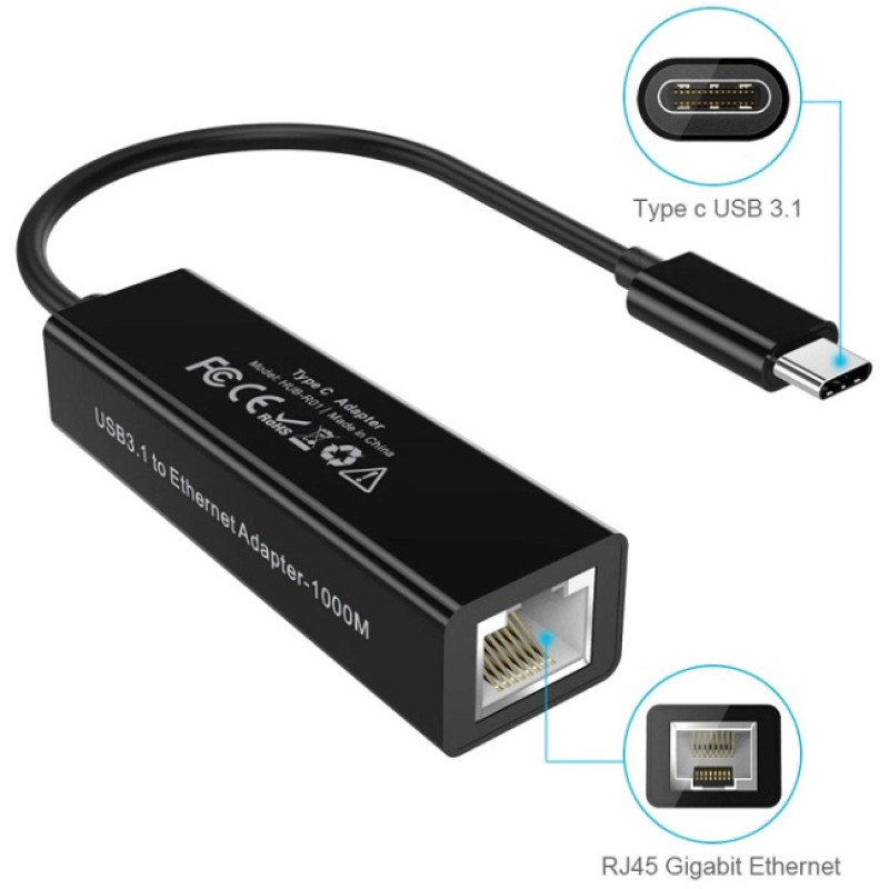Перехідник USB 3.1 Type-C --> Ethernet RJ45 1000Mb 0,15 м, Choetech чорний