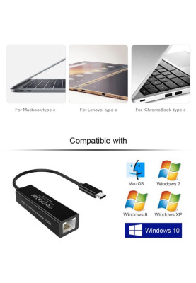 Перехідник USB 3.1 Type-C --> Ethernet RJ45 1000Mb 0,15 м, Choetech чорний
