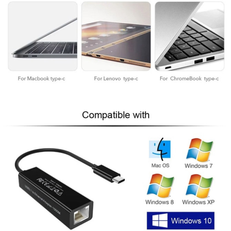 Перехідник USB 3.1 Type-C --> Ethernet RJ45 1000Mb 0,15 м, Choetech чорний