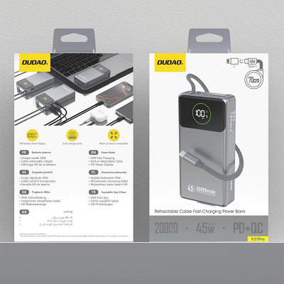 УМБ Dudao 20000mAh K31 Pro 45W PD,QC USB-A,USB-C In/Out,with built-in USB-C/Lightning cables Gray УМБ Dudao 20000mAh K31 Pro 45W PD,QC USB-A,USB-C In/Out,with built-in USB-C/Lightning cables Gray