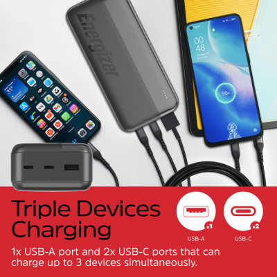 УМБ Energizer 30000mAh 15W 3A, USB-А, 2хUSB-C Black