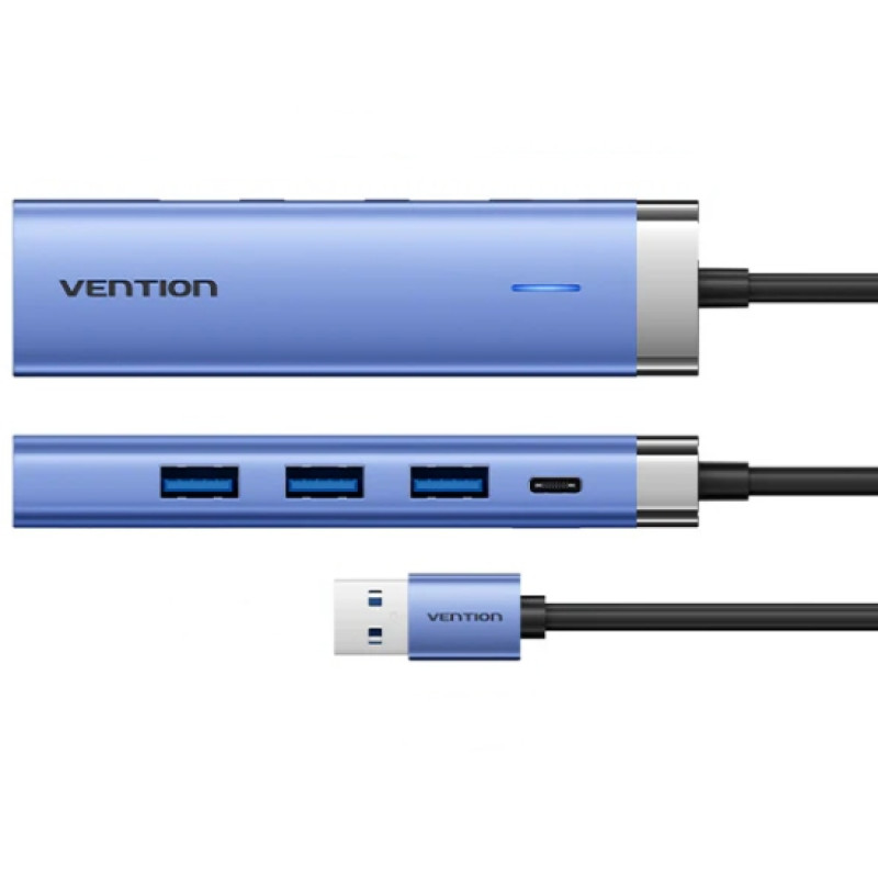 Док станція USB 3.0 -> 3xUSB 3.0/RJ45/USB-C Hub Blue Aluminum Alloy 5-in-1 Vention