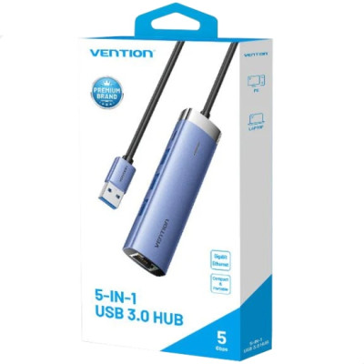 Хаб USB 3.0 -> 3xUSB 3.0/RJ45/USB-C Hub Blue Aluminum Alloy 5-in-1 Vention Хаб USB 3.0 -> 3xUSB 3.0/RJ45/USB-C Hub Blue Aluminum Alloy 5-in-1 Vention