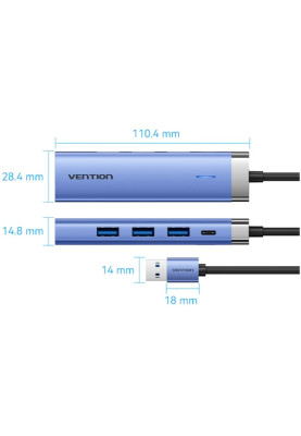 Док-станція USB 3.0 --> USB 3.0x3/RJ45/USB-C Hub Blue Aluminum Alloy 5-in-1 Vention