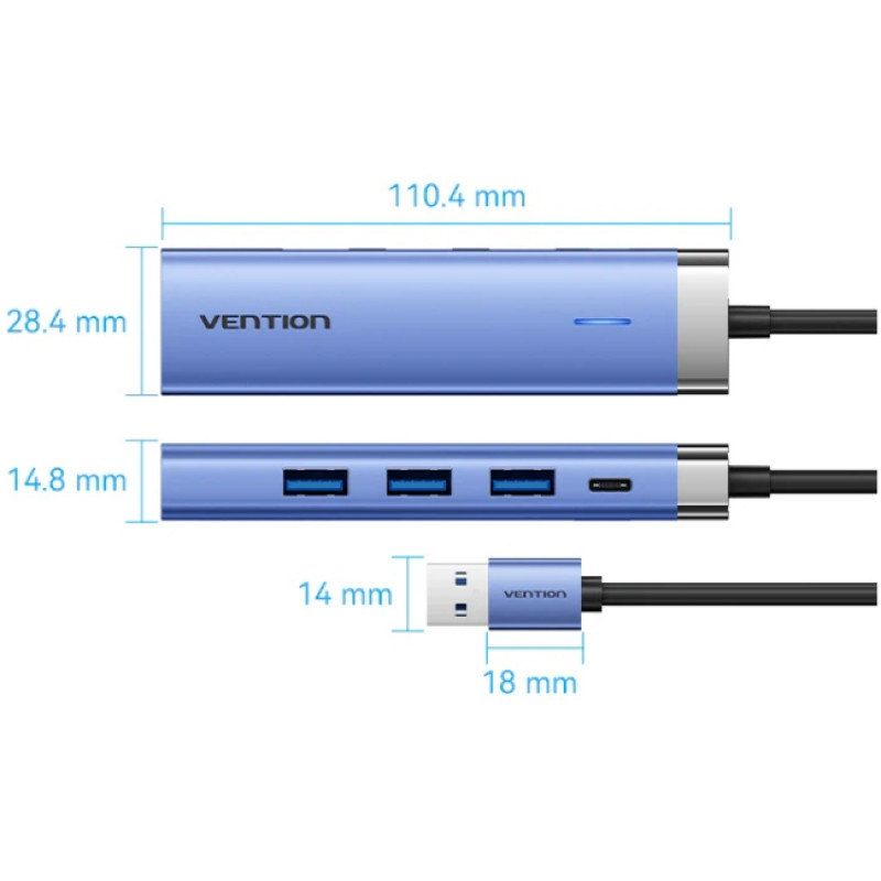 Док станція USB 3.0 -> 3xUSB 3.0/RJ45/USB-C Hub Blue Aluminum Alloy 5-in-1 Vention