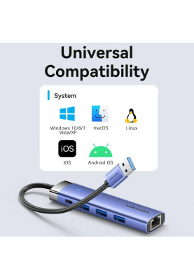Док-станція USB 3.0 --> USB 3.0x3/RJ45/USB-C Hub Blue Aluminum Alloy 5-in-1 Vention