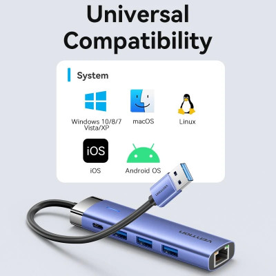 Хаб USB 3.0 -> 3xUSB 3.0/RJ45/USB-C Hub Blue Aluminum Alloy 5-in-1 Vention Хаб USB 3.0 -> 3xUSB 3.0/RJ45/USB-C Hub Blue Aluminum Alloy 5-in-1 Vention