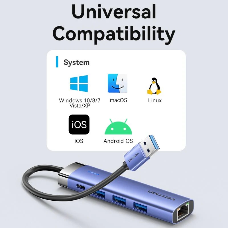 Док станція USB 3.0 -> 3xUSB 3.0/RJ45/USB-C Hub Blue Aluminum Alloy 5-in-1 Vention
