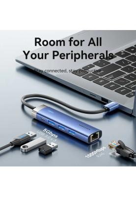 Док-станція USB 3.0 --> USB 3.0x3/RJ45/USB-C Hub Blue Aluminum Alloy 5-in-1 Vention