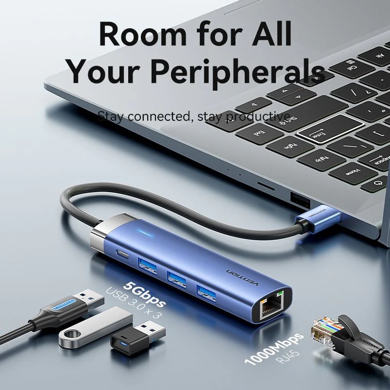 Док станція USB 3.0 -> 3xUSB 3.0/RJ45/USB-C Hub Blue Aluminum Alloy 5-in-1 Vention
