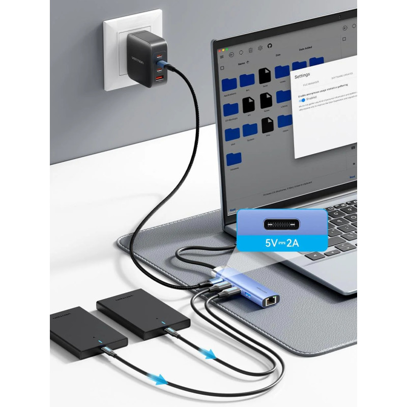 Док станція USB 3.0 -> 3xUSB 3.0/RJ45/USB-C Hub Blue Aluminum Alloy 5-in-1 Vention
