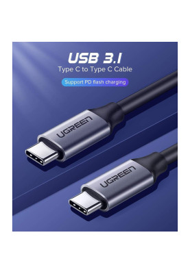 Кабель USB 3.1 Type-C M-M, 1.5 м, 3A, Nickel Plating Aluminum Shell Сірий, US161 UGREEN