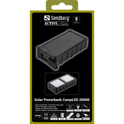 УМБ сонячна Sandberg 20000mAh 22,5W PD Solar Powerbank CampLED, USB-A,2xUSB-C In/Out, Powerful light УМБ сонячна Sandberg 20000mAh 22,5W PD Solar Powerbank CampLED, USB-A,2xUSB-C In/Out, Powerful light