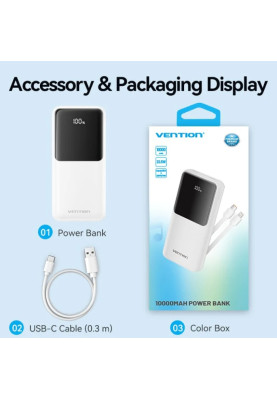 УМБ Vention 10000mAh 22.5W 3A PD,Micro-USB,USB-C,2xUSB-A,Built-in USB-C+Lightning Cables White