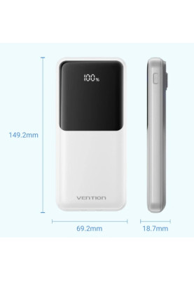 УМБ Vention 10000mAh 22.5W 3A PD,Micro-USB,USB-C,2xUSB-A,Built-in USB-C+Lightning Cables White