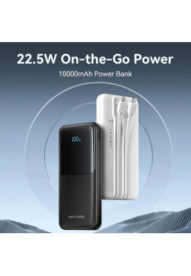 УМБ Vention 10000mAh 22.5W 3A PD,Micro-USB,USB-C,2xUSB-A,Built-in USB-C+Lightning Cables White