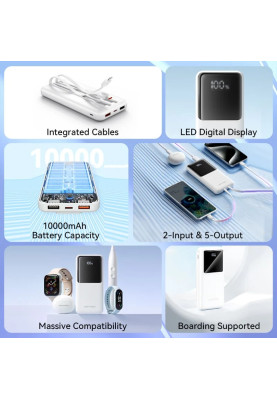 УМБ Vention 10000mAh 22.5W 3A PD,Micro-USB,USB-C,2xUSB-A,Built-in USB-C+Lightning Cables White