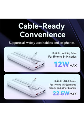 УМБ Vention 10000mAh 22.5W 3A PD,Micro-USB,USB-C,2xUSB-A,Built-in USB-C+Lightning Cables White