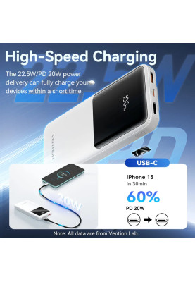 УМБ Vention 10000mAh 22.5W 3A PD,Micro-USB,USB-C,2xUSB-A,Built-in USB-C+Lightning Cables White