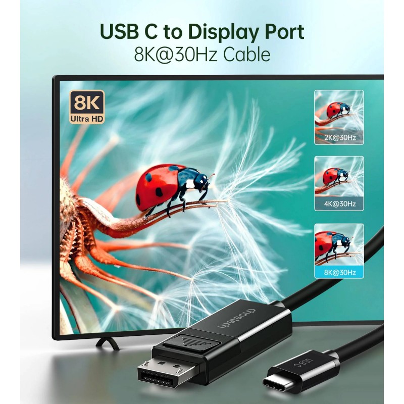 Кабель USB 3.1 Type-C M - DisplayPort M V1.4, Thunderbolt 3, 1.8m 4K@60Hz PVC, чорний Choetech