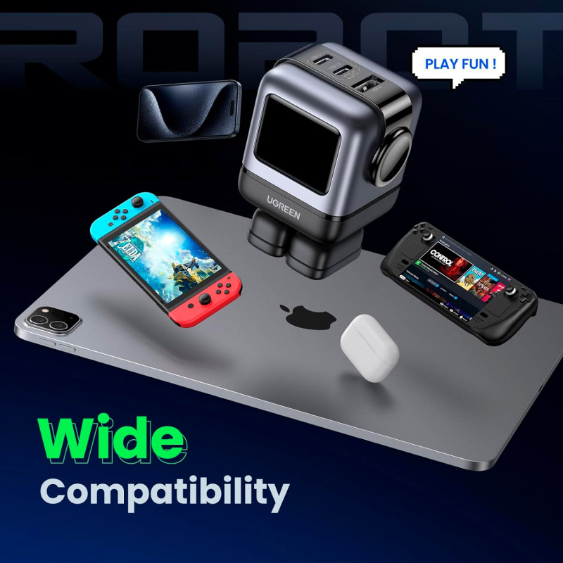 Зарядний пристрій 3xUSB 65W (2xUSB-C+USB-A) Gan Robot tech Fast Charger Сірий CD361 Ugreen