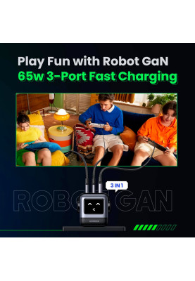 Зарядний пристрій 3xUSB 65W (2xUSB-C+USB-A) Gan Robot tech Fast Charger Сірий CD361 Ugreen