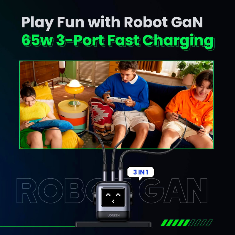 Зарядний пристрій 3xUSB 65W (2xUSB-C+USB-A) Gan Robot tech Fast Charger Сірий CD361 Ugreen