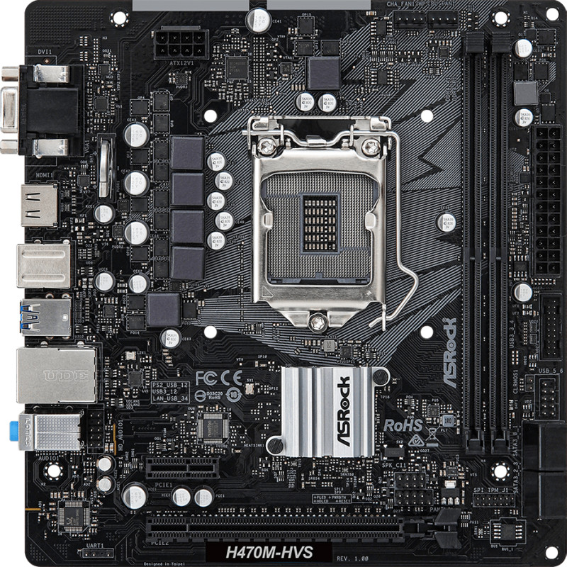 Материнська плата ASRock H470M-HVS (1200/H470, 2*DDR4, PCIex16, HDMI/VGA, 4xSATAІІІ, RAID, GLan, 7.1ch, mATX)