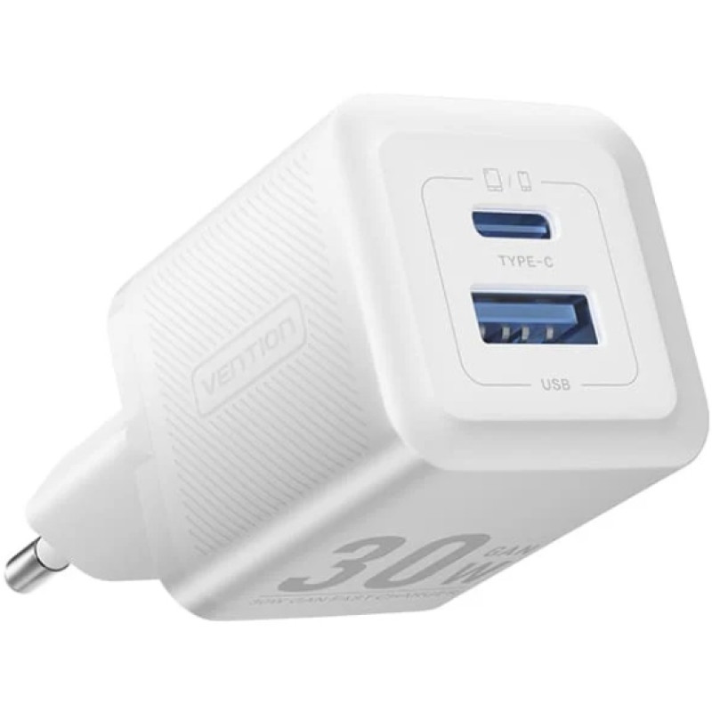 Зарядний пристрій 2xUSB 30W (USB-A/USB-C) + USB-C cable М-М  White Vention