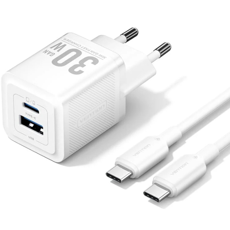 Зарядний пристрій 2xUSB 30W (USB-A/USB-C) + USB-C cable М-М  White Vention
