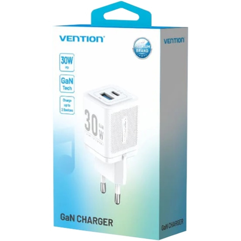 Зарядний пристрій 2xUSB 30W (USB-A/USB-C) + USB-C cable М-М  White Vention