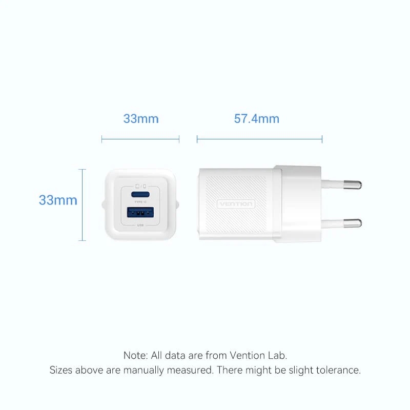 Зарядний пристрій 2xUSB 30W (USB-A/USB-C) + USB-C cable М-М  White Vention