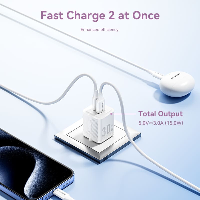 Зарядний пристрій 2xUSB 30W (USB-A/USB-C) + USB-C cable М-М  White Vention
