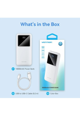 УМБ Vention 10000mAh 22.5W 3A PD,QC3.0, Micro-USB,USB-C,2xUSB-A, LED Display,White