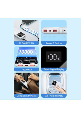 УМБ Vention 10000mAh 22.5W 3A PD,QC3.0, Micro-USB,USB-C,2xUSB-A, LED Display,White