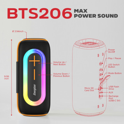 Акустична система 1.0 Energizer 20Вт Bluetooth 5.2/MicroSD/USB/AUX/FM,IPX65, 360° Sound чорна Акустична система 1.0 Energizer 20Вт Bluetooth 5.2/MicroSD/USB/AUX/FM,IPX65, 360° Sound чорна