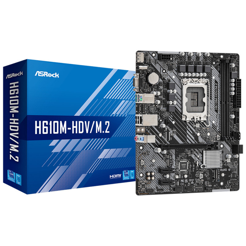 Материнська плата ASRock H610M-HDV/M.2 (1700/H610, 2*DDR4, 1xPCIex16, HDMI/DVI/VGA, 4xSATAІІІ, M.2, GLan, 7.1ch, mATX)