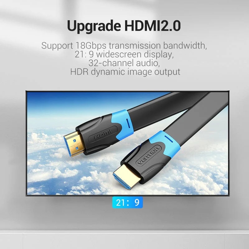 Кабель HDMI M - M, 10.0м, Vention, V2.0, 4K 60Гц, PVC Flat Design, Black