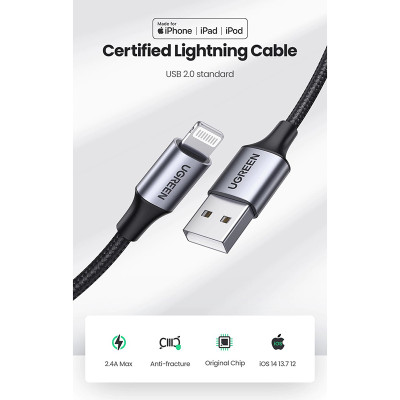 Кабель USB 2.0 AM-Lightning M, 1 м, 2.4A, Чорний, US199 UGREEN