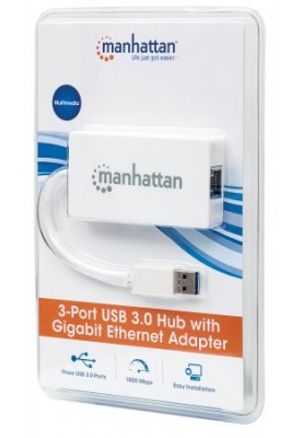 Хаб USB Manhattan Pocket Hub 3-port USB3.0 + RJ45 Gigabit Ethernet, білий