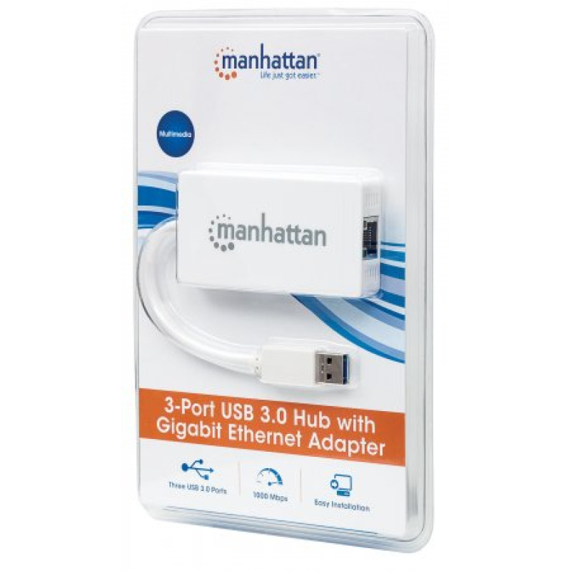 Хаб USB Manhattan Pocket Hub 3-port USB3.0 + RJ45 Gigabit Ethernet, білий