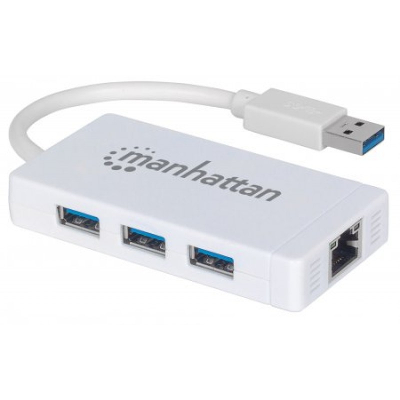 Хаб USB Manhattan Pocket Hub 3-port USB3.0 + RJ45 Gigabit Ethernet, білий