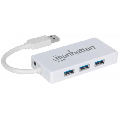 Хаб USB Manhattan Pocket Hub 3-port USB3.0 + RJ45 Gigabit Ethernet, білий