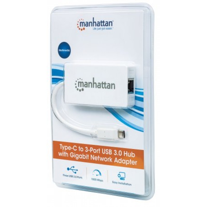Хаб USB Manhattan Type-C Hub 3-port USB3.0 + RJ45 Gigabit Ethernet, білий