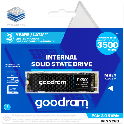 SSD 512Gb GoodRAM PX500 M.2 2280 PCIe 3x4 NVMe 1.4 3D NAND, Retail SSD 512Gb GoodRAM PX500 M.2 2280 PCIe 3x4 NVMe 1.4 3D NAND, Retail